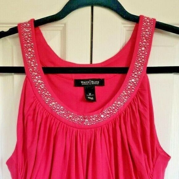 White House Black Market Med Top Dark Pink Bead Embellish Tank Stretch Rusched - Picture 2 of 6